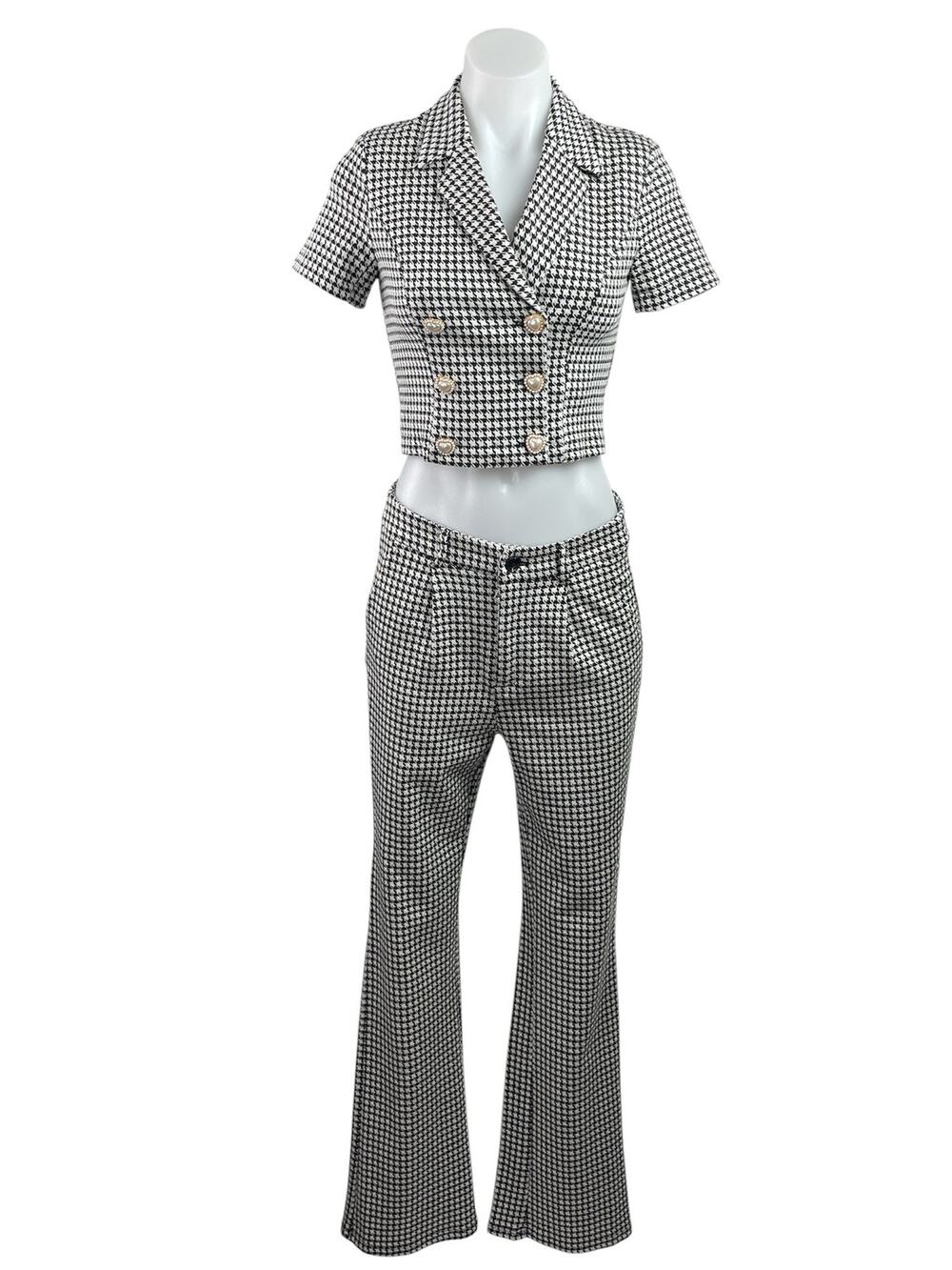 Cider Lady Houndstooth Cropped Blazer Flare Trousers Pants 2 Piece Set Size S